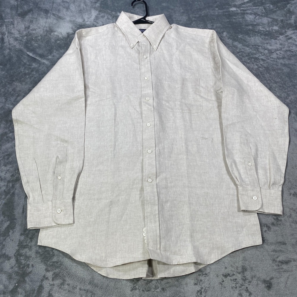 Vintage Lands End Shirt Mens XL 16 34 Large 100% Linen Button Down 90s Beige